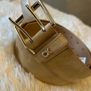 Calvin Klein Tan Suede Belt with Gold-Tone Double Prong Buckle